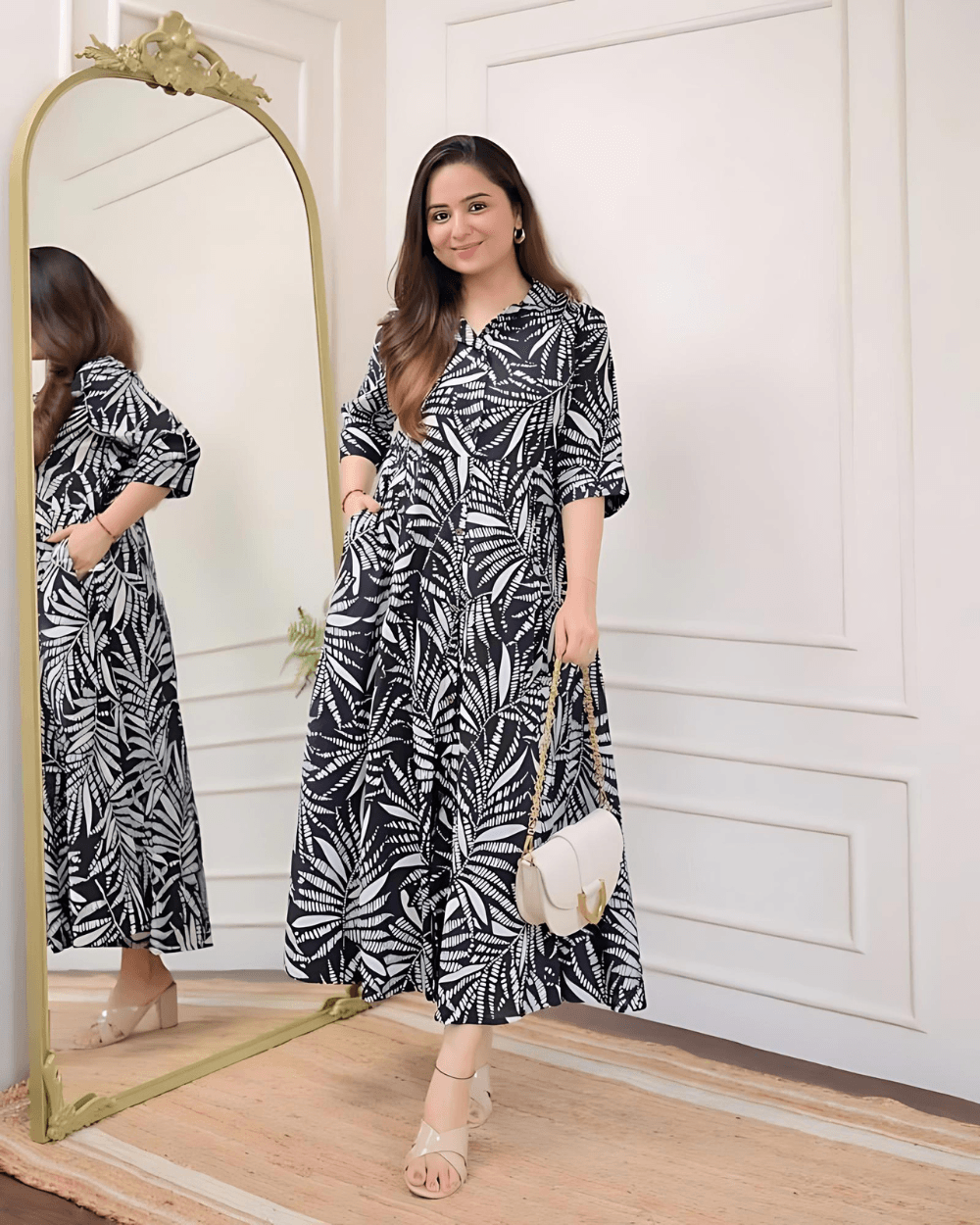 Black White Leaf Cotton A Line Dress - SixtyOneShop