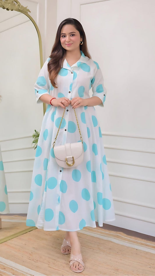 Blue Polka Dots Cotton A Line Dress