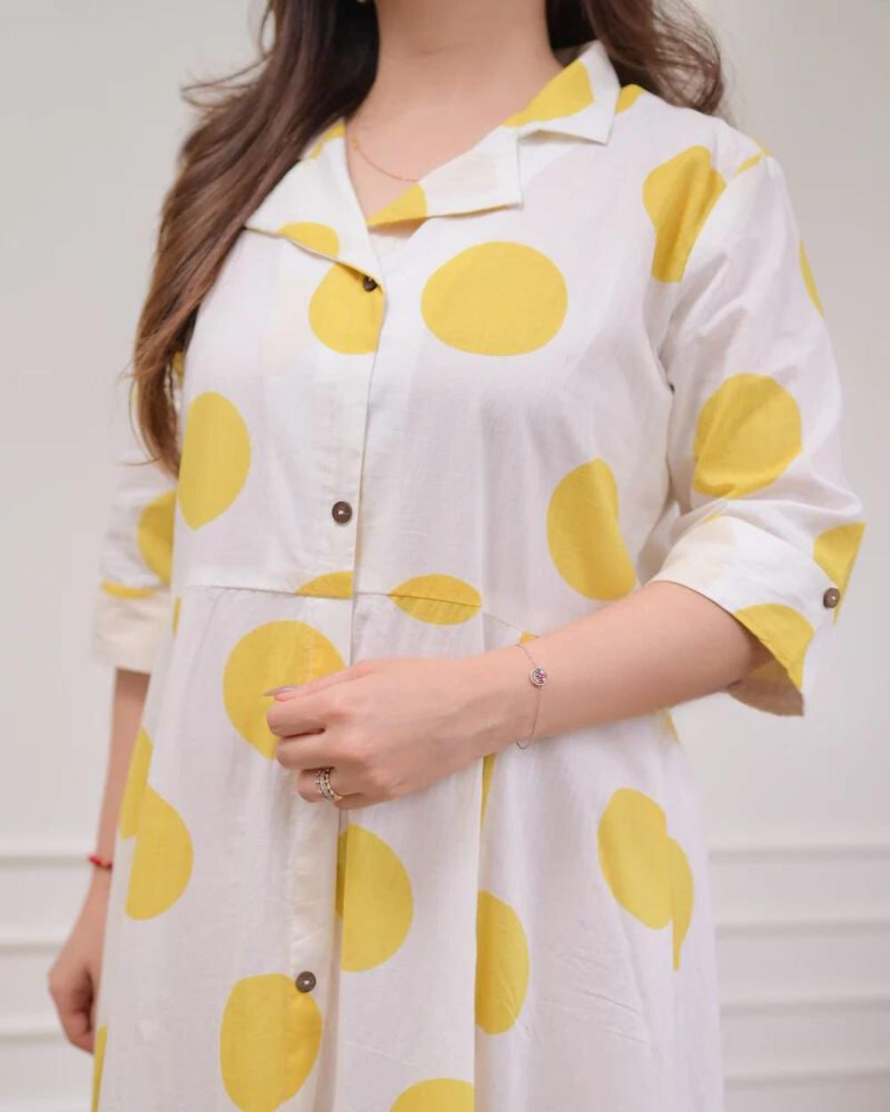 Yellow Polka Dots Cotton A Line Dress Wariza