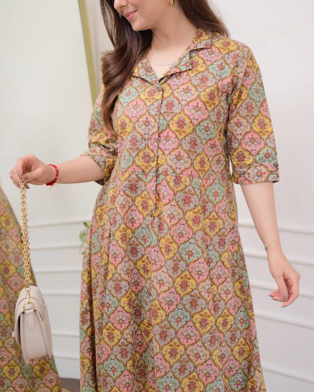 Multi Color Floral Cotton A Line Dress Wariza