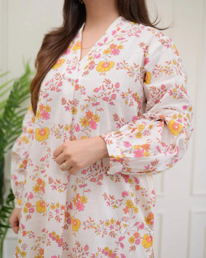 Ivory Yellow Pink Floral Cotton Co-ord Wariza