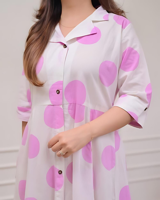 Pink Polka Dots Cotton A Line Dress Wariza