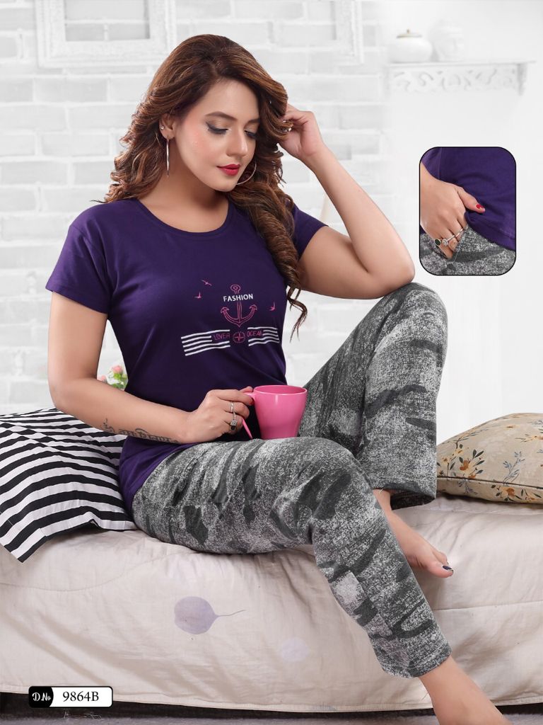 Women’s Cotton Night Suit Set – Printed T-Shirt & Pajama with Pocket | Soft Loungewear & Sleepwear SixtyOneShop