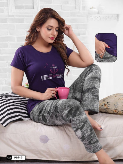 Women’s Cotton Night Suit Set – Printed T-Shirt & Pajama with Pocket | Soft Loungewear & Sleepwear SixtyOneShop