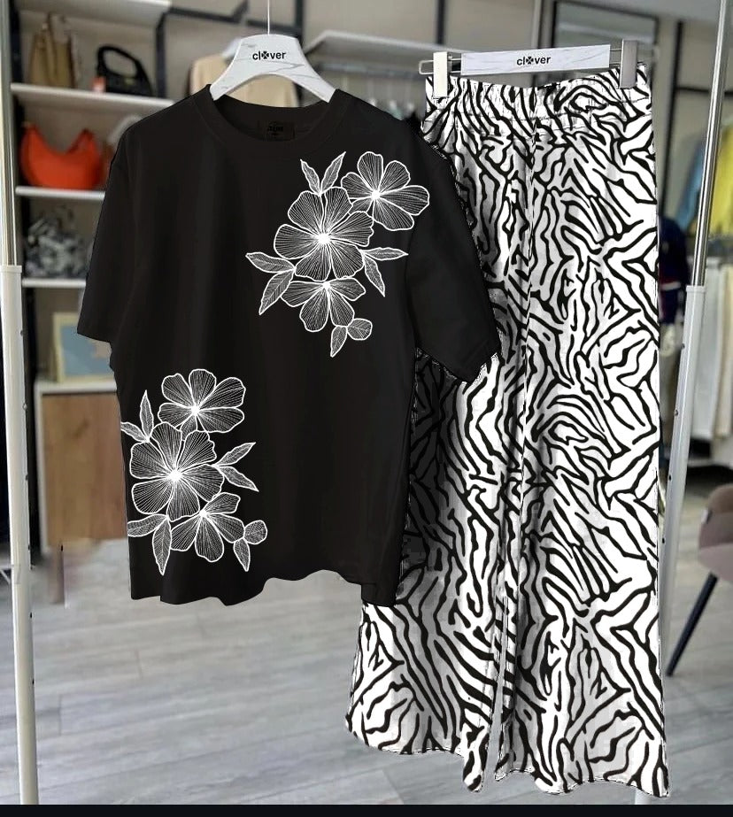 Bold Floral Red T-Shirt & Zebra Print Palazzo Set - Women's Two-Piece Outfit SixtyOneShop
