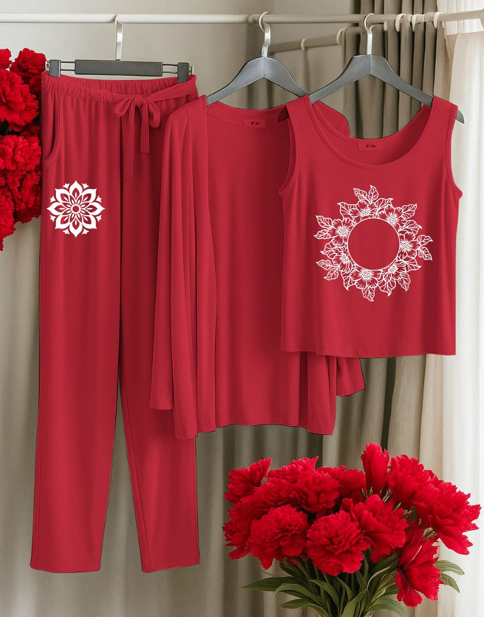 His Queen 3-Piece Red Loungewear Set – Women's Comfy Sleepwear with Stars & Crown Print SixtyOneShop