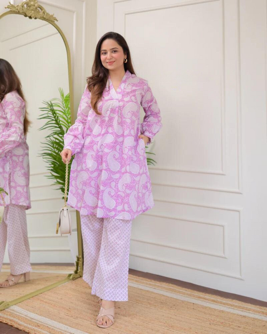 Lilac Paisley V Neck Cotton Co-ord Wariza