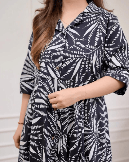 Black White Leaf Cotton A Line Dress - SixtyOneShop