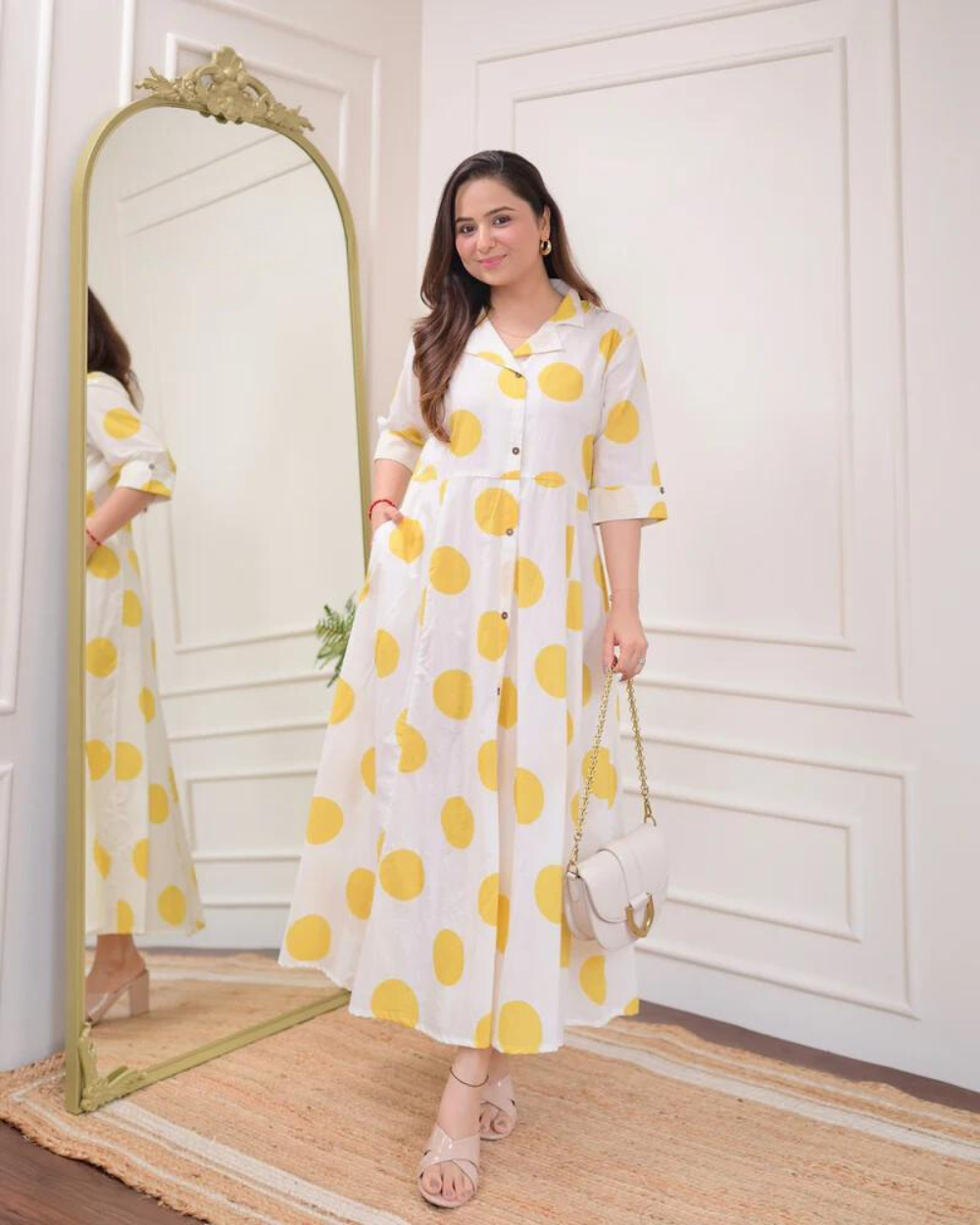 Yellow Polka Dots Cotton A Line Dress Wariza
