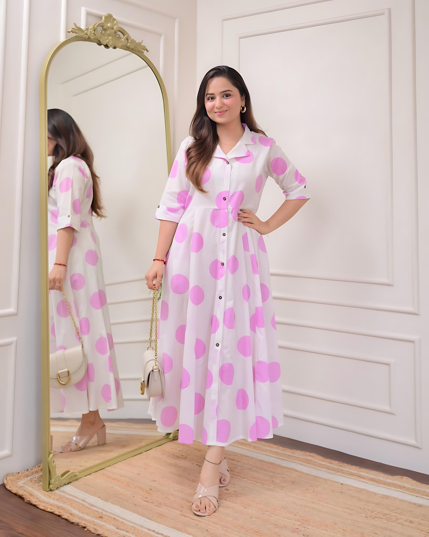 Pink Polka Dots Cotton A Line Dress Wariza