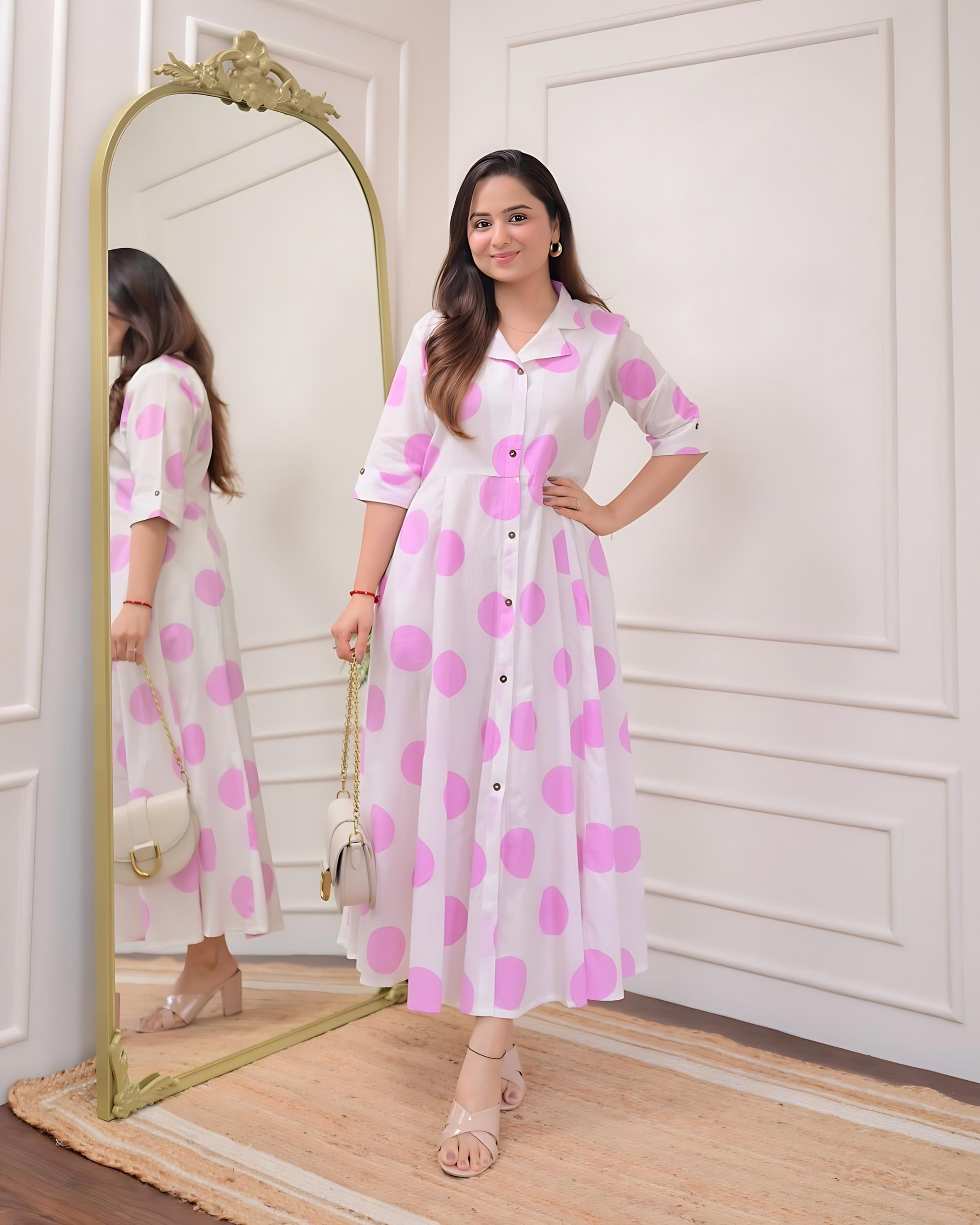 Pink Polka Dots Cotton A Line Dress Wariza