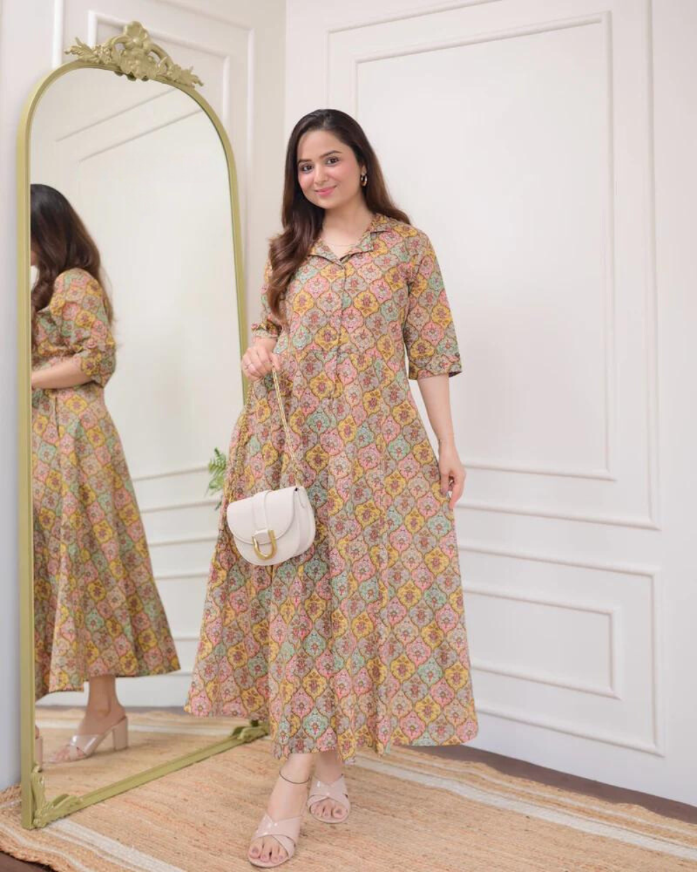 Multi Color Floral Cotton A Line Dress Wariza