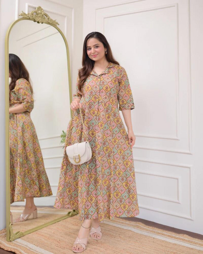 Multi Color Floral Cotton A Line Dress Wariza