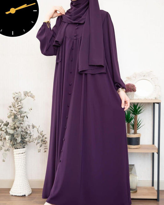 Elegant Button-Down Abaya with Matching Hijab – Deep Plum Purple