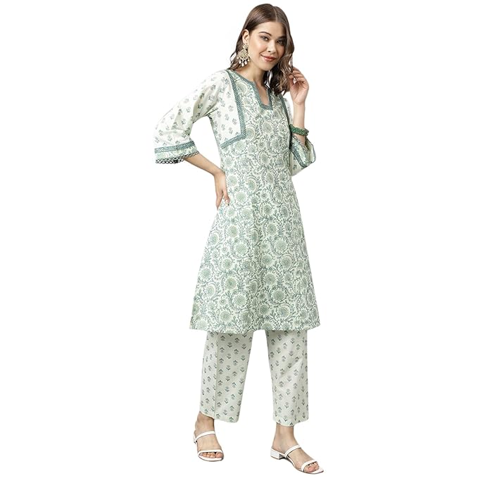 Women's Mint Green Pure Cotton A-line Kurta with Pant Wariza