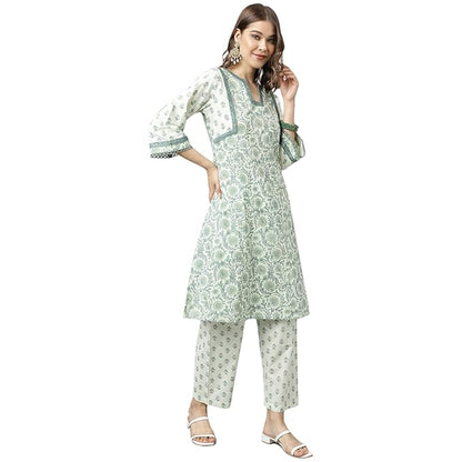 Women's Mint Green Pure Cotton A-line Kurta with Pant Wariza