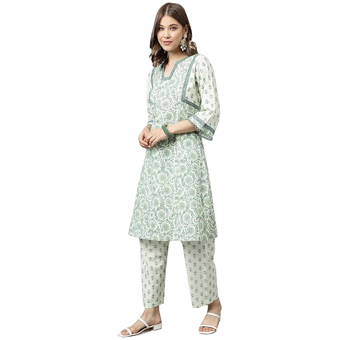 Women's Mint Green Pure Cotton A-line Kurta with Pant Wariza