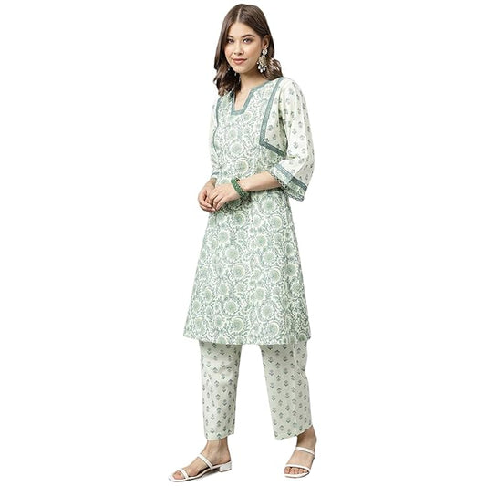 Women's Mint Green Pure Cotton A-line Kurta with Pant