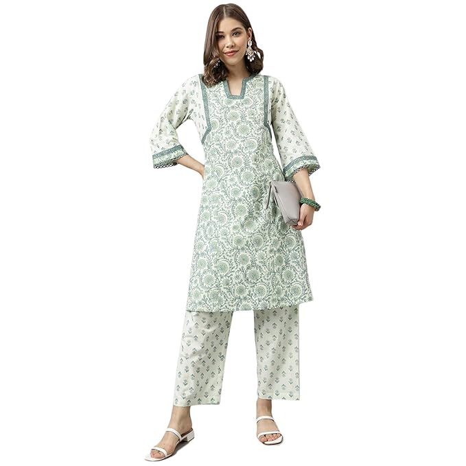 Women's Mint Green Pure Cotton A-line Kurta with Pant Wariza