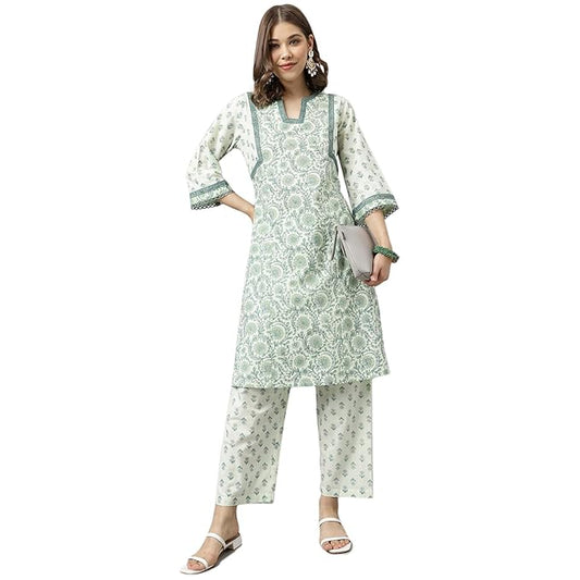 Women's Mint Green Pure Cotton A-line Kurta with Pant