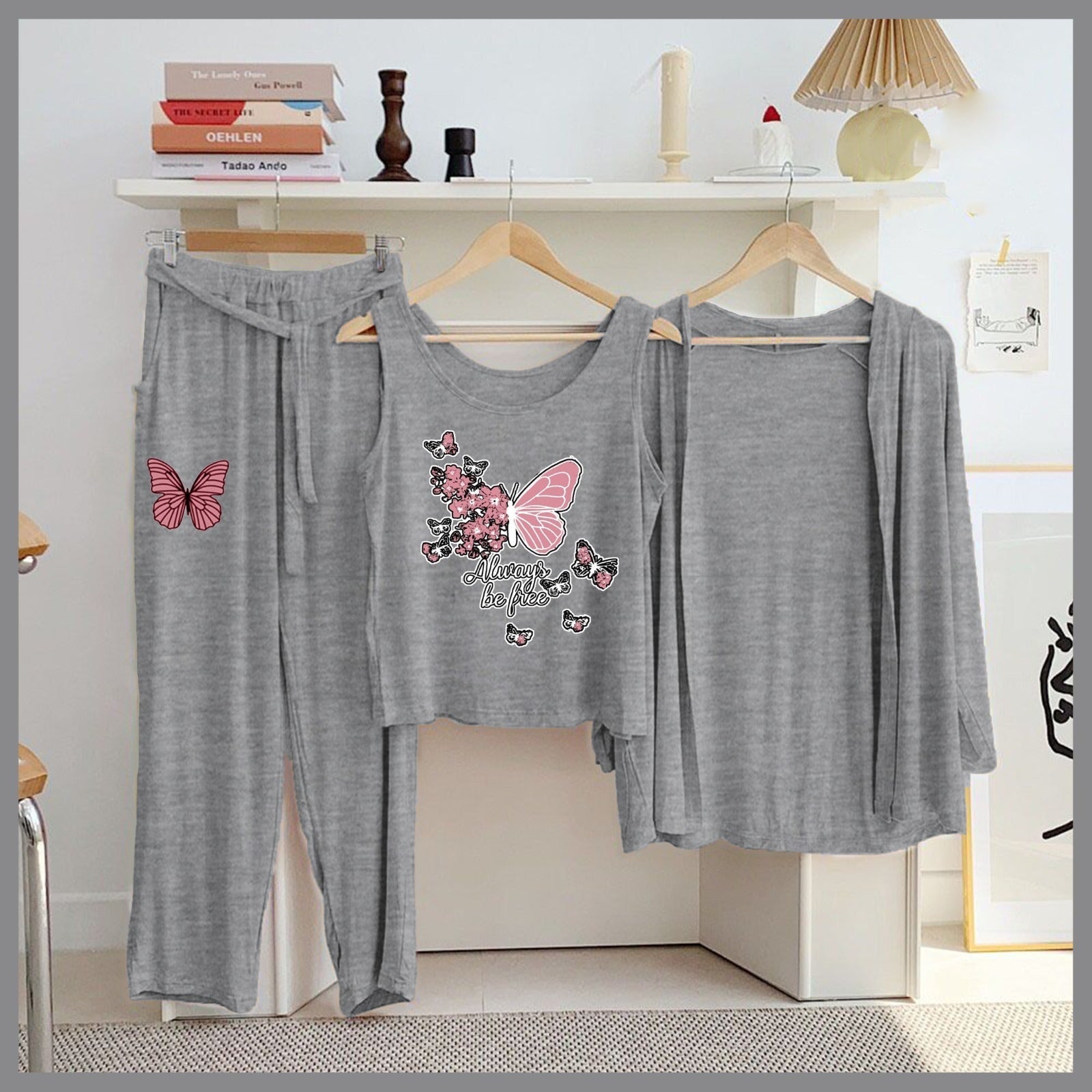 Butterfly & Galaxy 3-Piece Grey Loungewear Set – Women's Cozy Nightwear SixtyOneShop