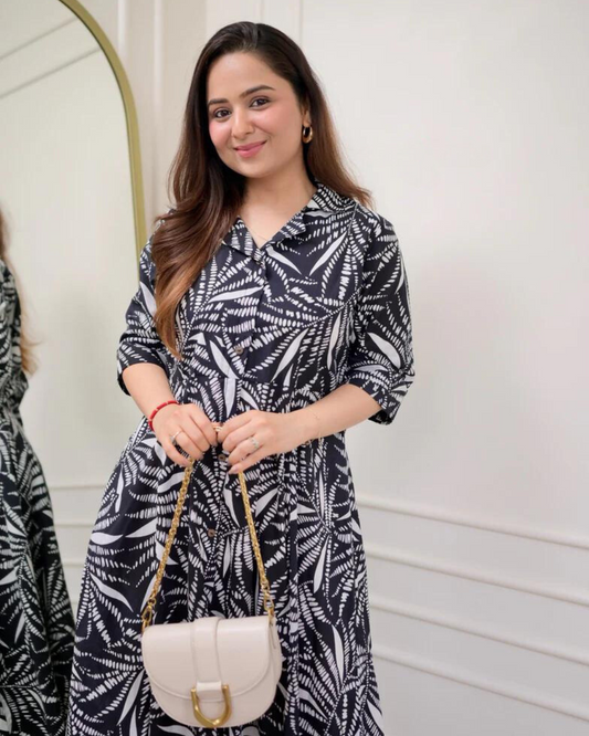 Black White Leaf Cotton A Line Dress