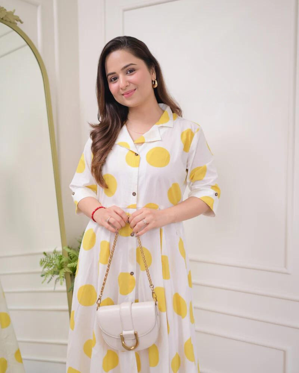 Yellow Polka Dots Cotton A Line Dress Wariza