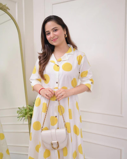 Yellow Polka Dots Cotton A Line Dress Wariza