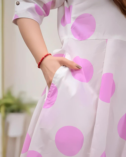 Pink Polka Dots Cotton A Line Dress Wariza