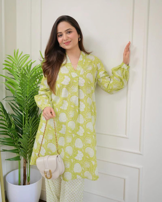 Parrot Green Floral Cotton Co-ord Wariza