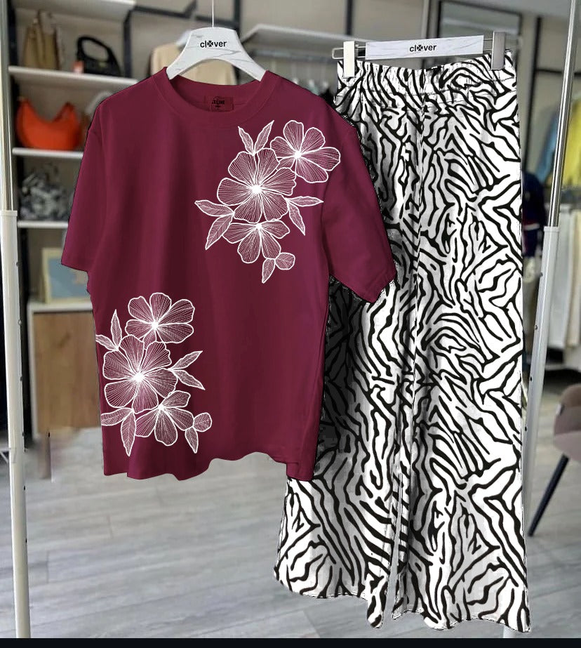 Bold Floral Red T-Shirt & Zebra Print Palazzo Set - Women's Two-Piece Outfit SixtyOneShop