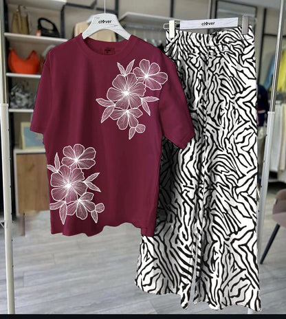 Bold Floral Red T-Shirt & Zebra Print Palazzo Set - Women's Two-Piece Outfit SixtyOneShop