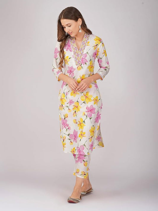 Floral Lawn Kurti for Women – Pink & Yellow