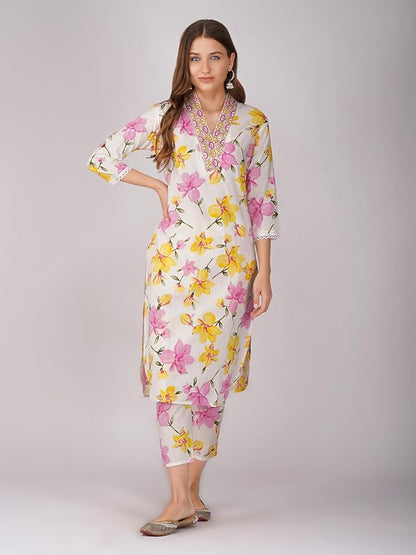 Floral Lawn Kurti for Women – Pink & Yellow