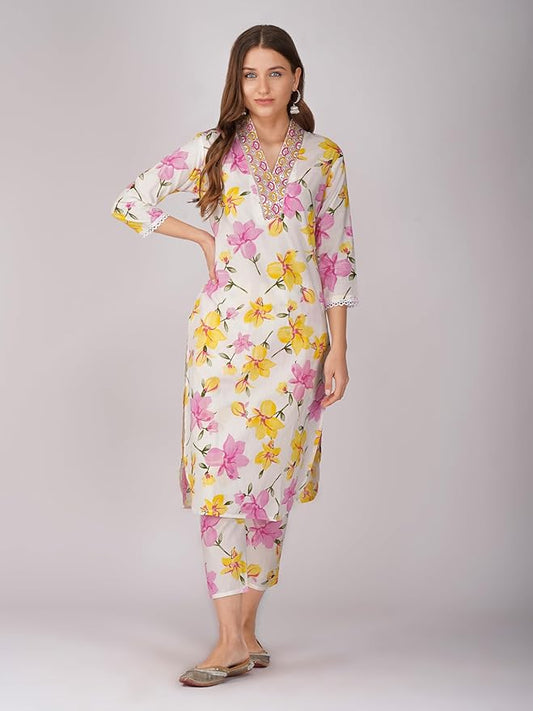 Floral Lawn Kurti for Women – Pink & Yellow