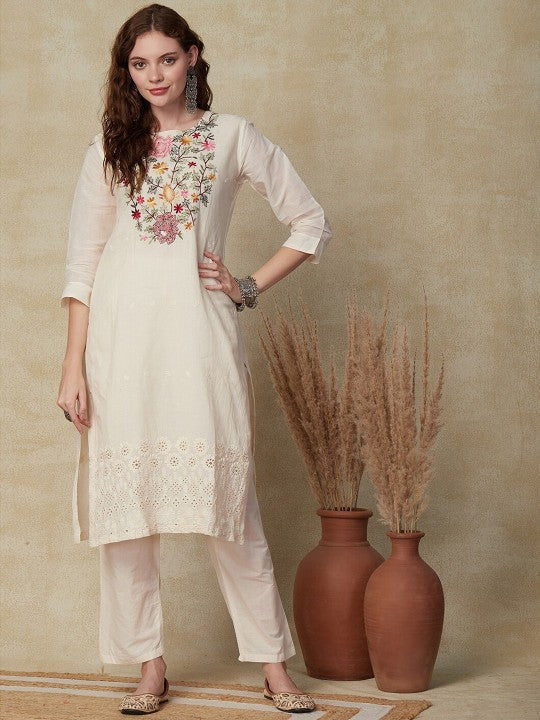 Floral Yoke Design Regular Thread Work Pure Cotton Kurta with Trousers