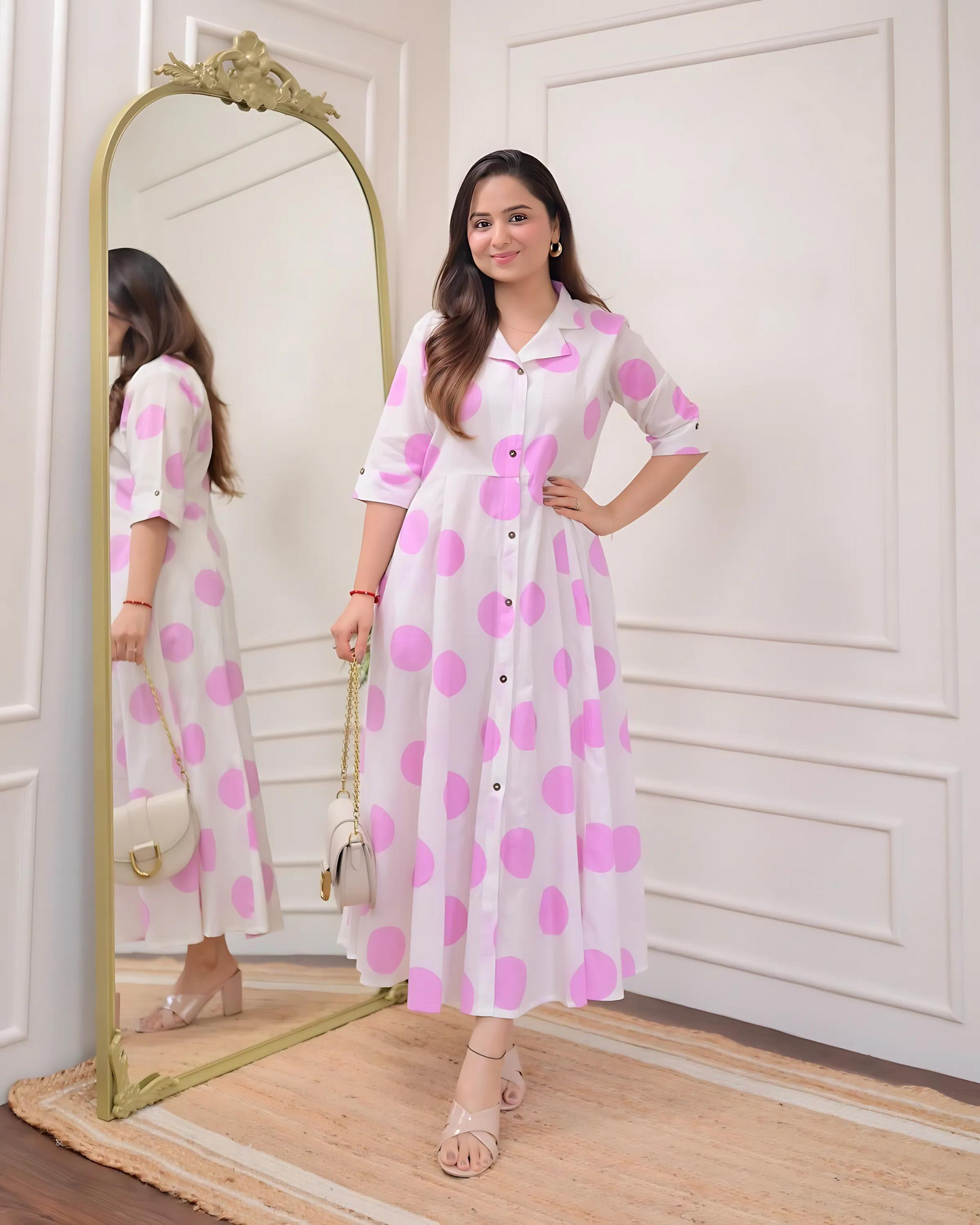 Pink Polka Dots Cotton A Line Dress Wariza