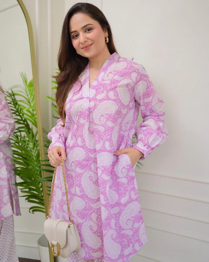 Lilac Paisley V Neck Cotton Co-ord Wariza