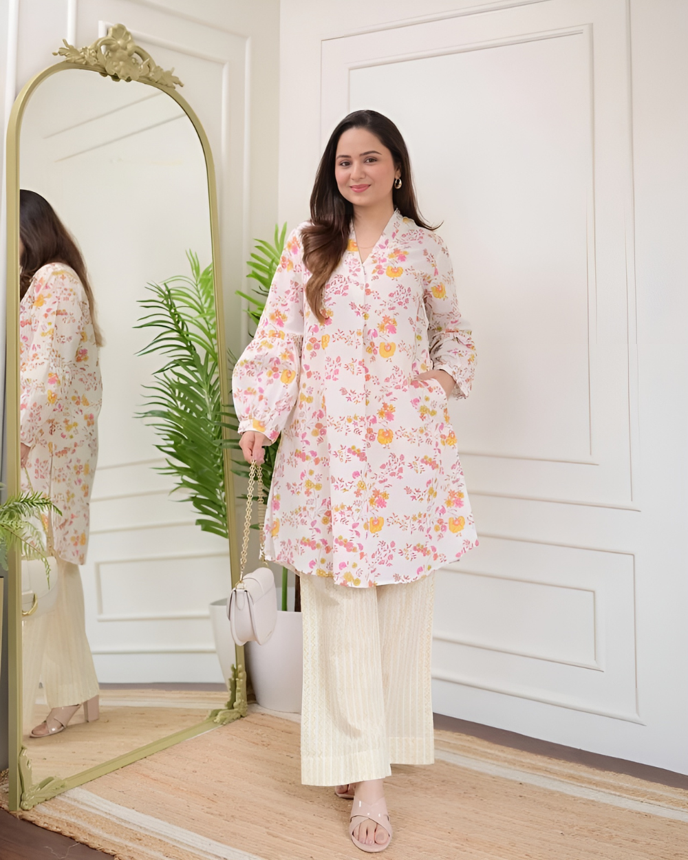 Ivory Yellow Pink Floral Cotton Co-ord Wariza