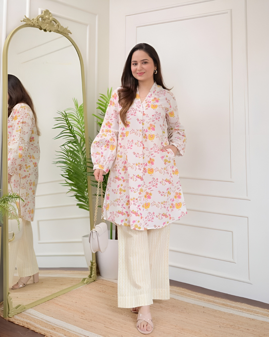 Ivory Yellow Pink Floral Cotton Co-ord Wariza