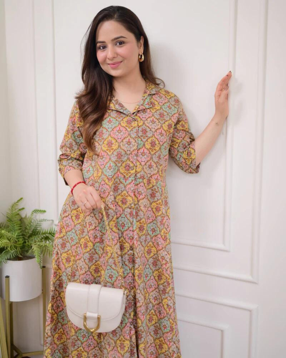 Multi Color Floral Cotton A Line Dress Wariza