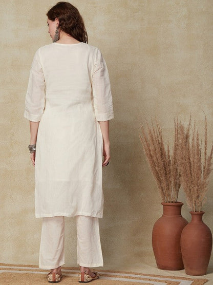 Floral Yoke Design Regular Thread Work Pure Cotton Kurta with Trousers