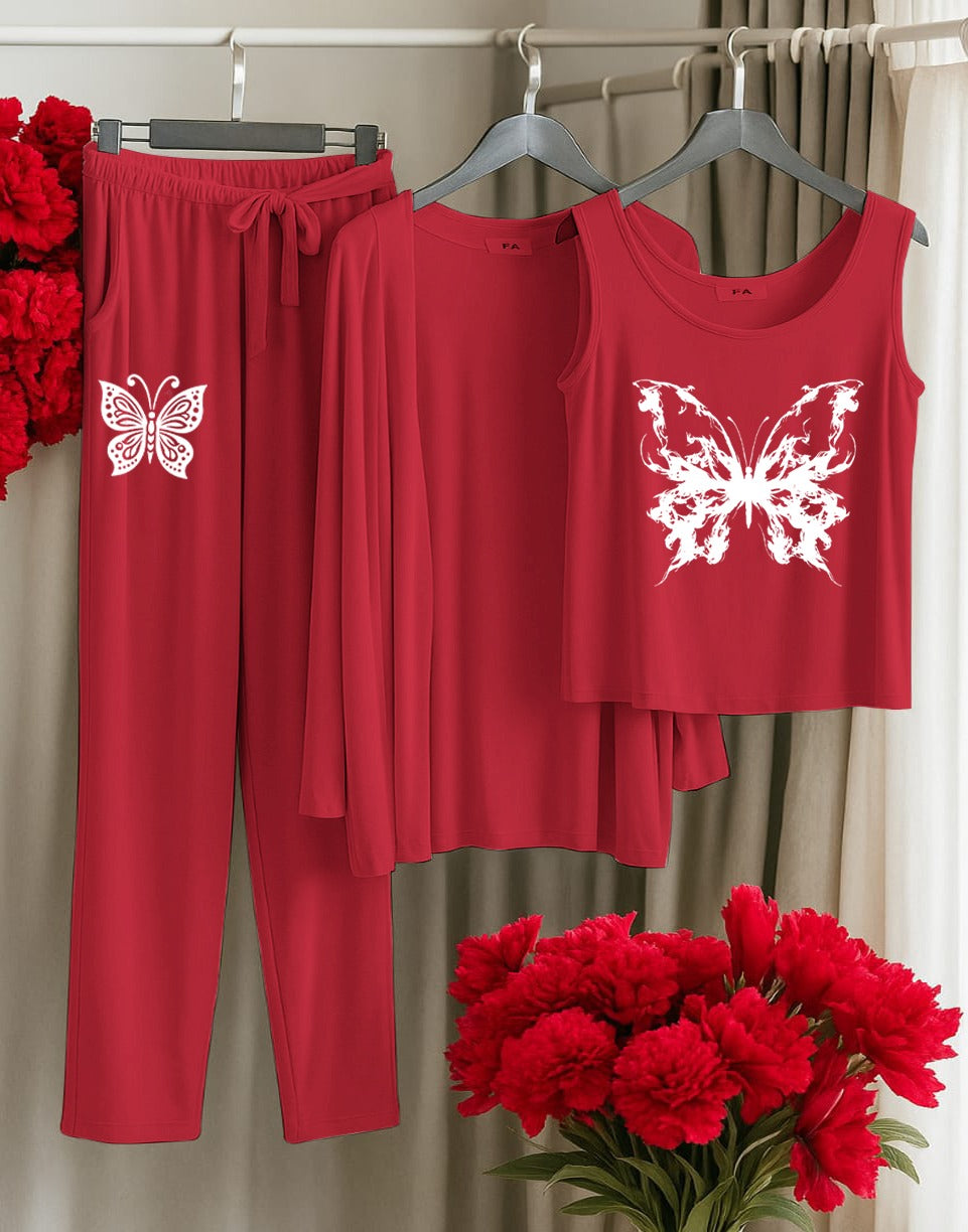 His Queen 3-Piece Red Loungewear Set – Women's Comfy Sleepwear with Stars & Crown Print SixtyOneShop