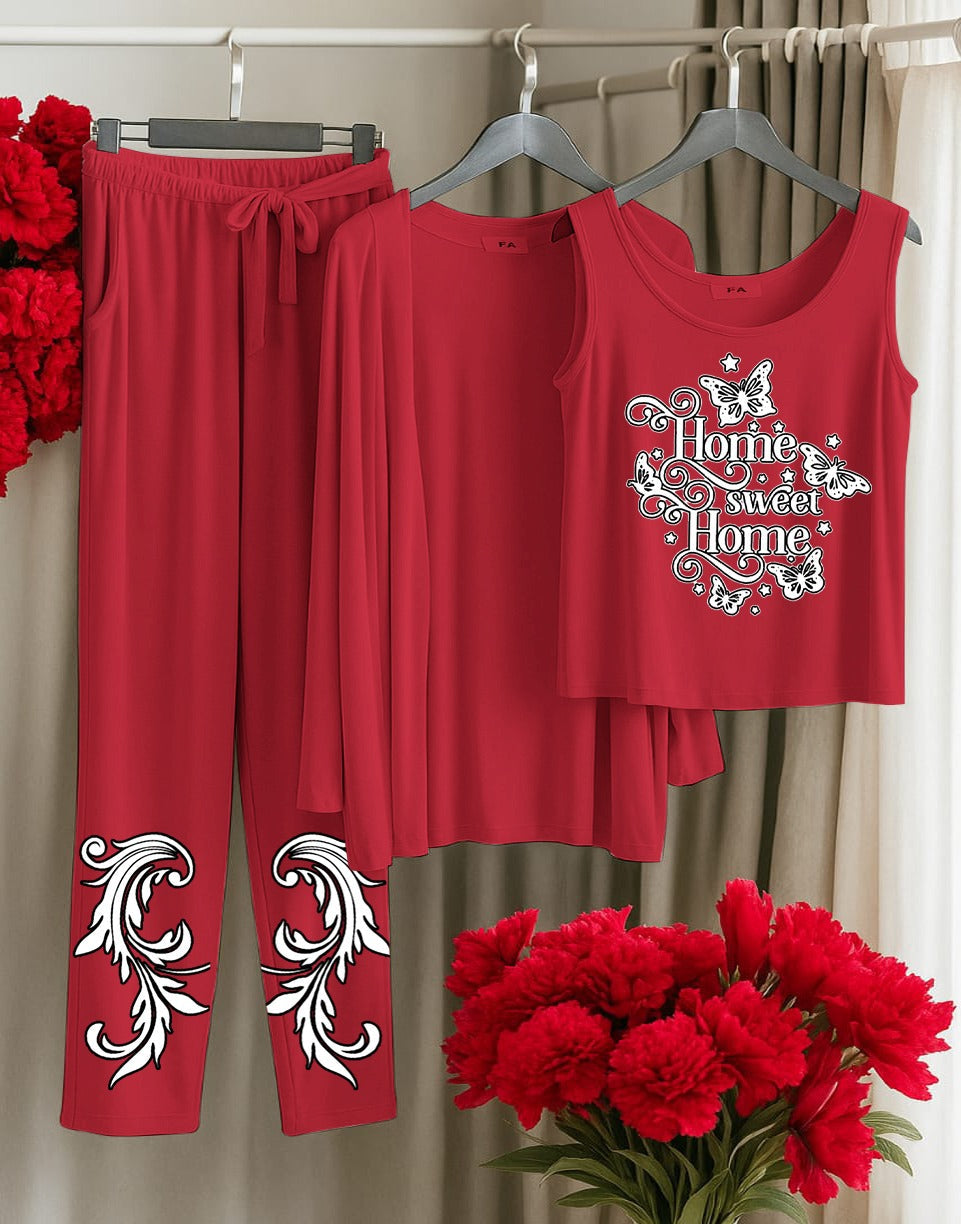 His Queen 3-Piece Red Loungewear Set – Women's Comfy Sleepwear with Stars & Crown Print SixtyOneShop