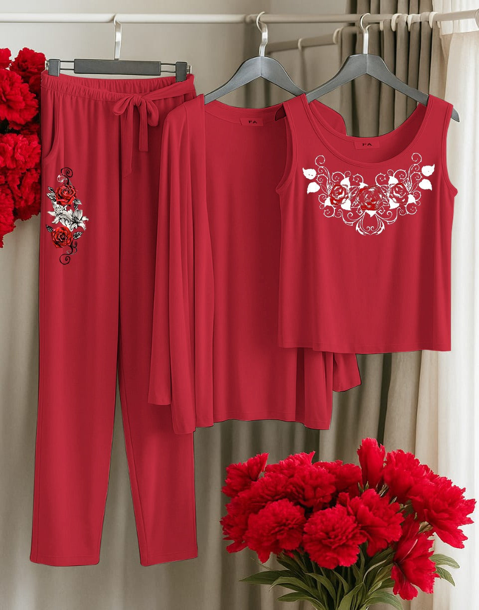 His Queen 3-Piece Red Loungewear Set – Women's Comfy Sleepwear with Stars & Crown Print SixtyOneShop