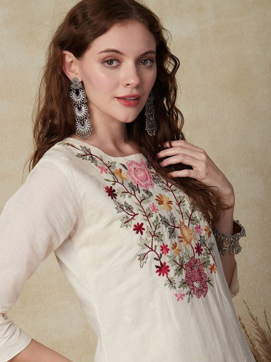 Floral Yoke Design Regular Thread Work Pure Cotton Kurta with Trousers