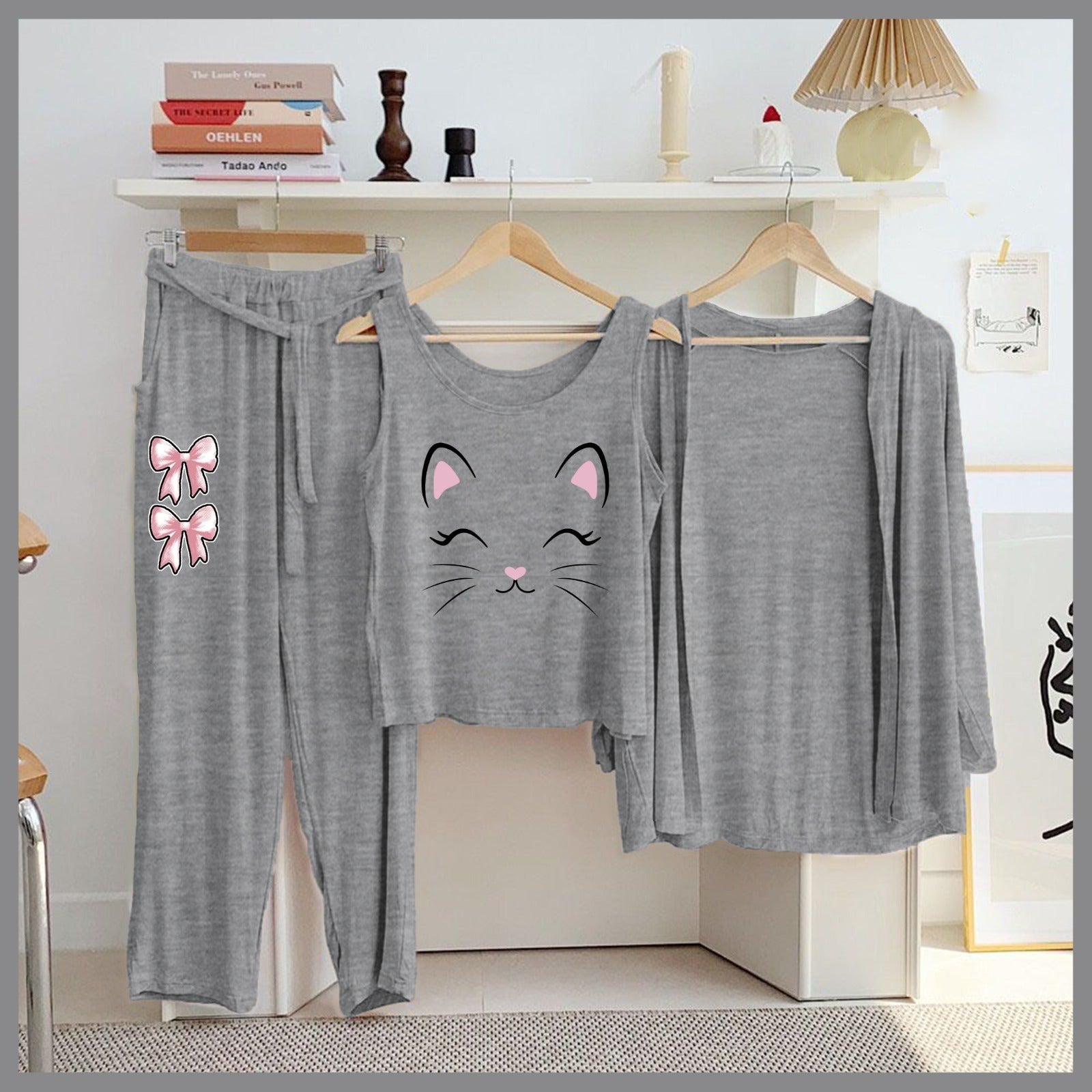 Butterfly & Galaxy 3-Piece Grey Loungewear Set – Women's Cozy Nightwear SixtyOneShop
