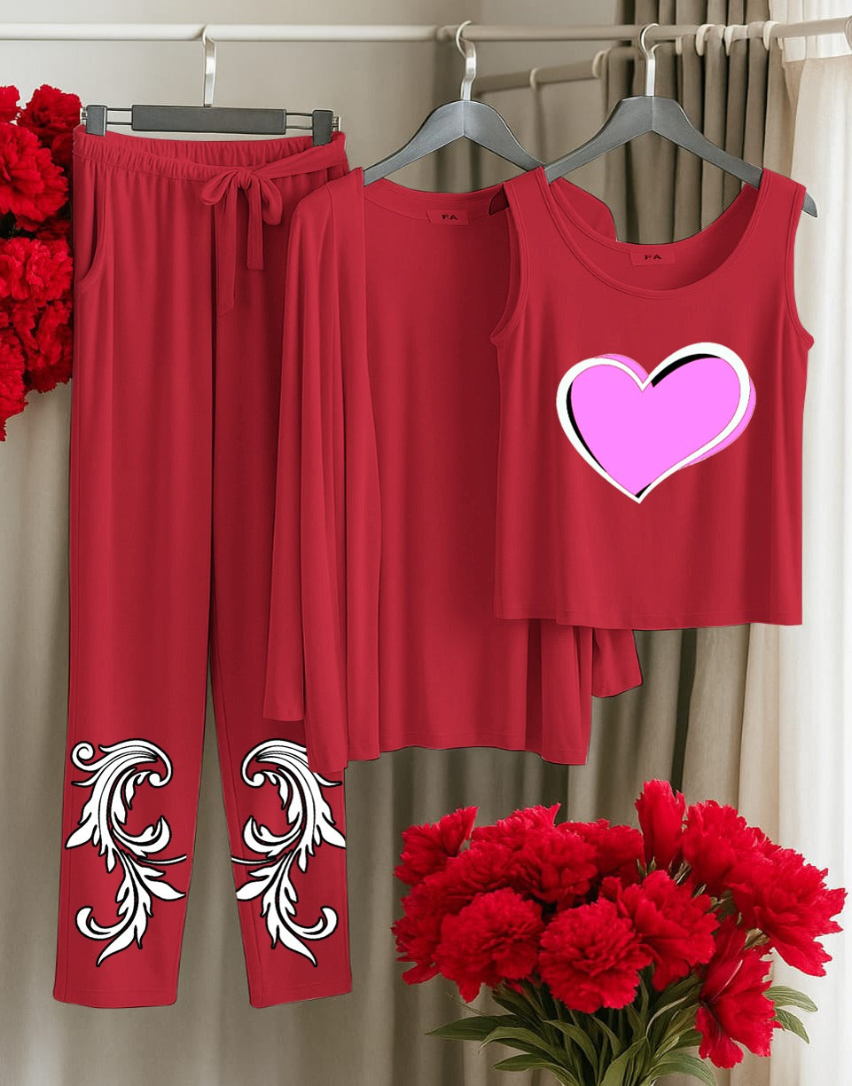 His Queen 3-Piece Red Loungewear Set – Women's Comfy Sleepwear with Stars & Crown Print SixtyOneShop