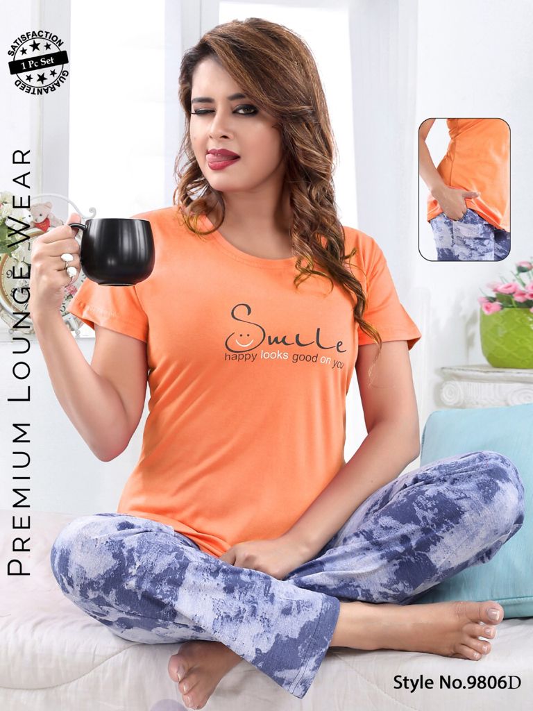 Women’s Cotton Night Suit Set – Printed T-Shirt & Pajama with Pocket | Soft Loungewear & Sleepwear SixtyOneShop