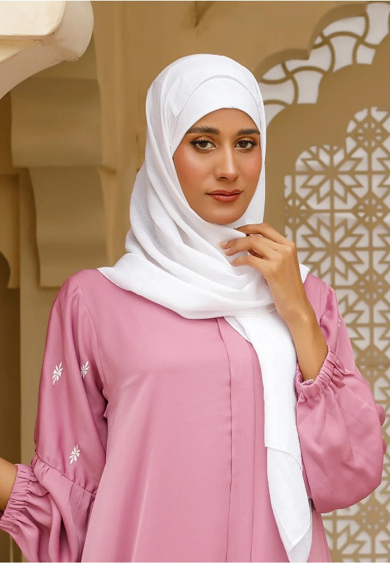 Elegant ruched sleeves on blush pink abaya